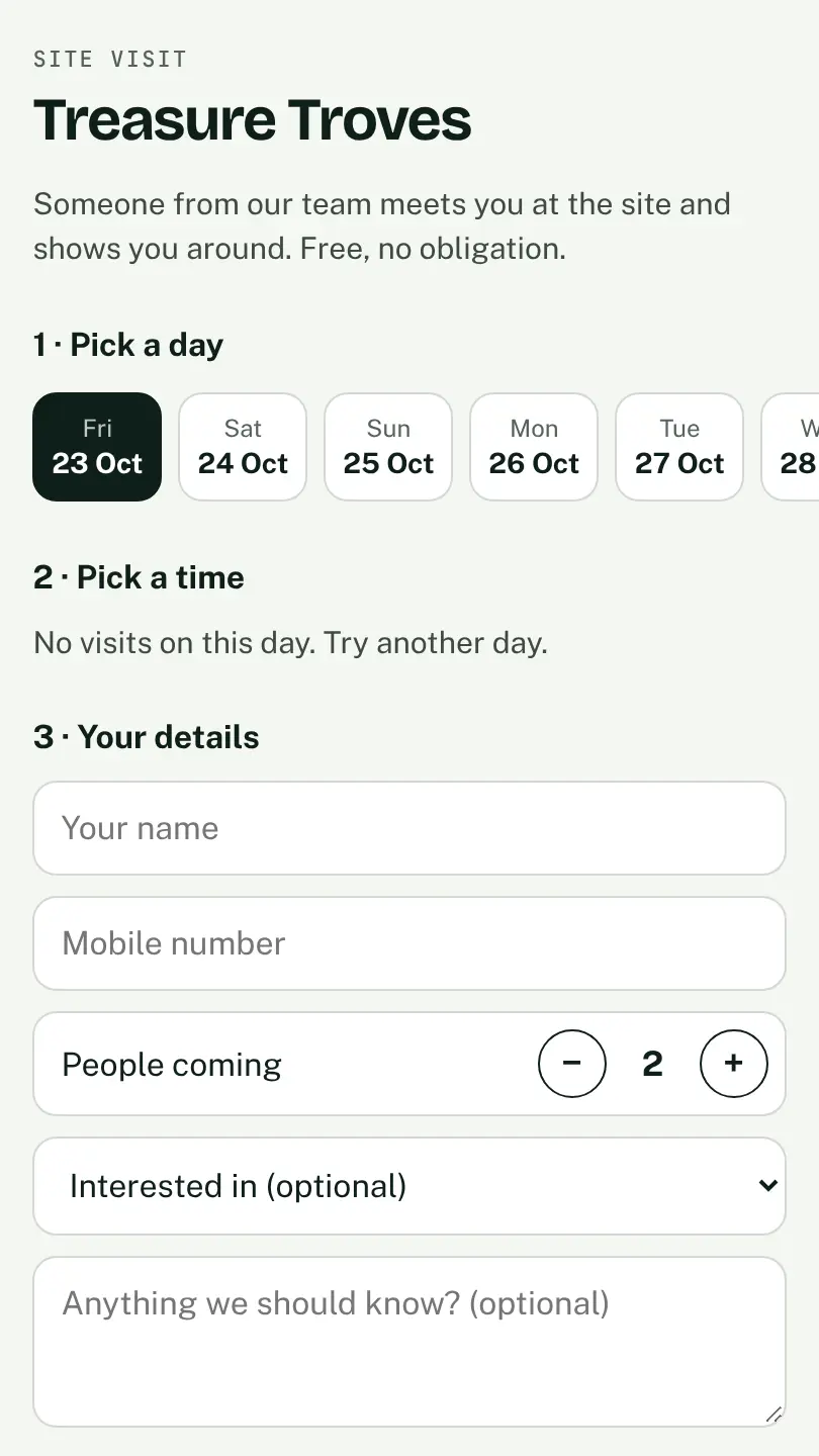 Book a site visit: pick a day and slot